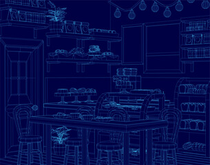 Restaurant interior blueprint features a table with chairs, flower pot, and various objects, set against a deep blue background. The wireframe design creates a cozy cafe atmosphere with clean lines.