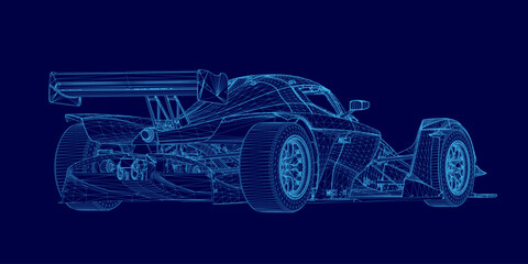 Blueprint of a race car with detailed wireframe design on a dark blue background, showcasing aerodynamic curves and technical specifications. The sporty vehicle features precise engineering elements.