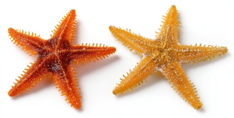 Two starfish, one orange, one yellow, on white background