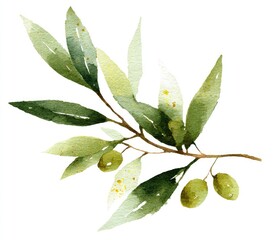 Watercolor olive branch with leaves and olives