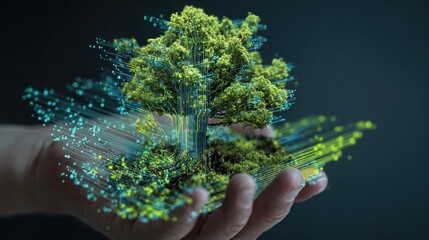 Hand holding a small tree with glowing digital data lines, symbolizing the integration of eco-friendly technologies and environmental sustainability. Concept of green energy for the future