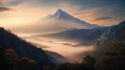 Golden Light on a Majestic Peak Above a Serene, Mist-Filled Valley