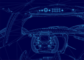 A sleek car blueprint on a blue background displays a detailed wireframe cockpit, aerodynamic contours, and intricate technical schematics resembling high-performance engineering.