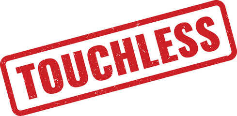 Red rubber stamp with the word touchless angled on a plain surface