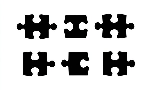 Six black jigsaw puzzle pieces on white background