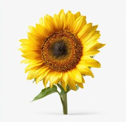 Fototapeta premium Close-up of a vibrant sunflower against a white background. The flower's bright yellow petals radiate outward from a dark brown center. Green leaves emerge from the stem
