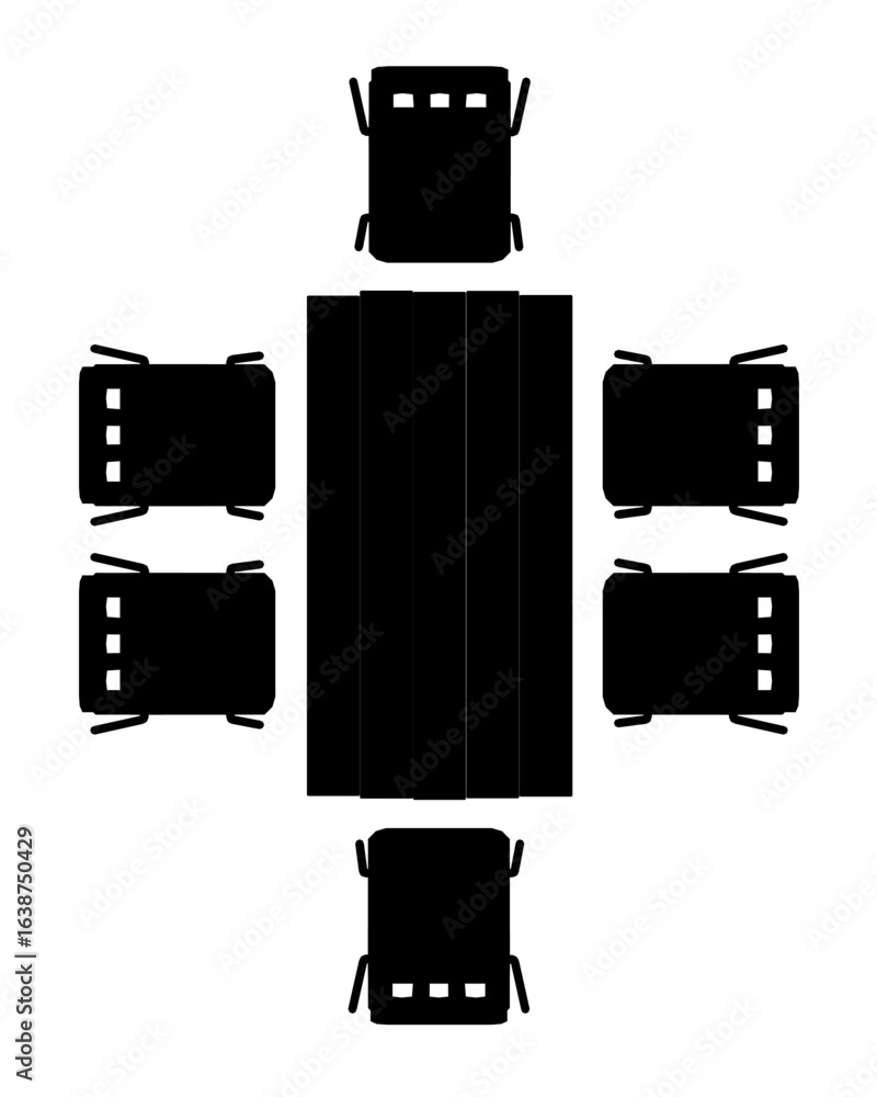 Poster a rectangular table with six chairs arranged symmetrically, featuring clean lines and a balanced sil