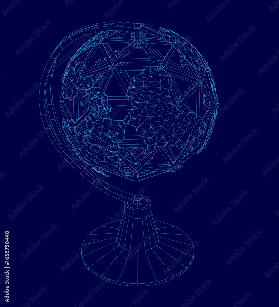Poster a 3d wireframe globe with intricate lines and curves floats on a smooth blue background. the detaile