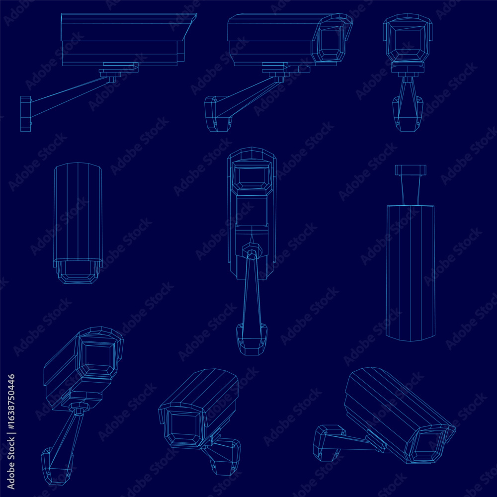 Poster A blueprint of multiple security cameras arranged in a grid pattern on a blue background. The wireframe designs are crisp and distinct, highlighting various CCTV models.
