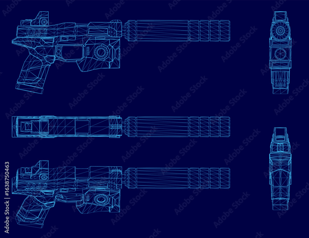 Poster a detailed pistol blueprint with silencer on a blue background features intricate wireframe lines an