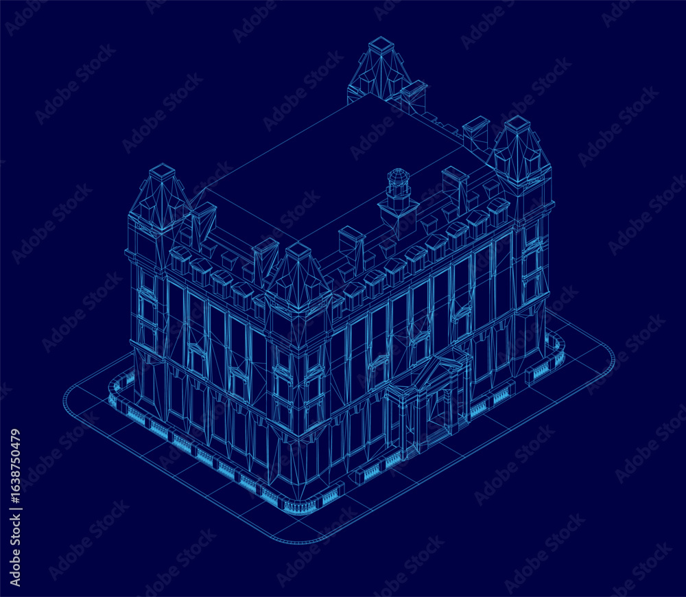 Poster a 3d wireframe model of a london house displays architectural details on a clean blue background. th