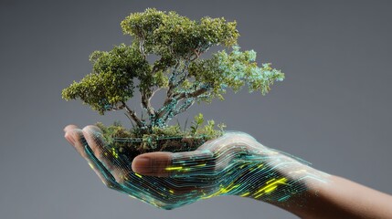 Hand holding a small tree with glowing digital data lines, symbolizing the integration of eco-friendly technologies and environmental sustainability. Concept of green energy for the future