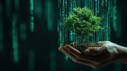 Hand holding a small tree with glowing digital data lines, symbolizing the integration of eco-friendly technologies and environmental sustainability. Concept of green energy for the future