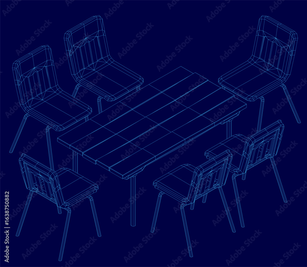Poster a rectangular dining table with four chairs features a wireframe blueprint design on a blue backgrou