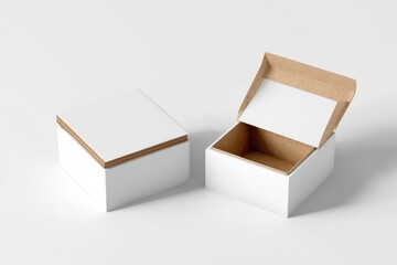 Two open white cardboard boxes with kraft brown flaps