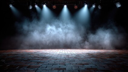 Dark stage lit by spotlights, smoky atmosphere