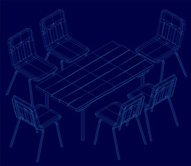 A rectangular dining table with four chairs features a wireframe blueprint design on a blue background. The chairs have curved backrests and armrests, while the table displays a smooth surface.