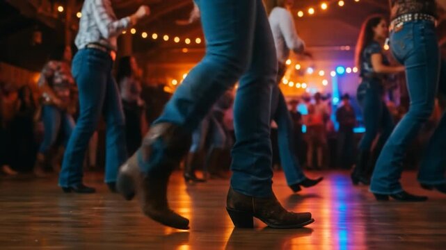 Line dancing in cowboy boots and jeans on wood floor with warm ambient lights