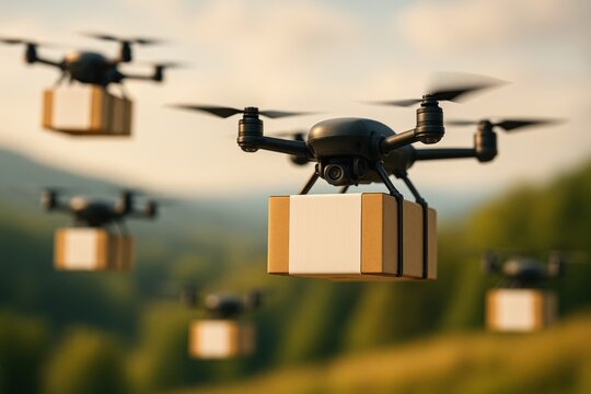 Rural delivery service. Drones delivering packages over a scenic landscape in daylight. - Powered by Adobe