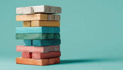 A stack of colorful wooden blocks,  precariously balanced on a teal background