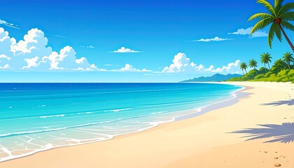 Tropical beach scene with turquoise water and palm trees.