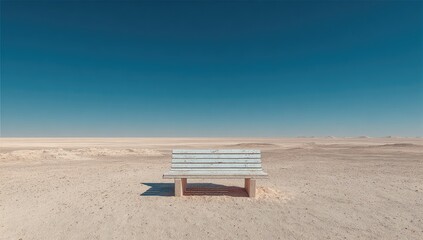 Obraz premium A pale blue wooden park bench sits alone in a vast, sandy desert landscape under a clear blue sky