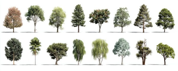 Variety of trees, isolated on white background.  Different species, sizes, and leaf types.  Full shot, various shades of green, brown and light gray.  Shadows beneath
