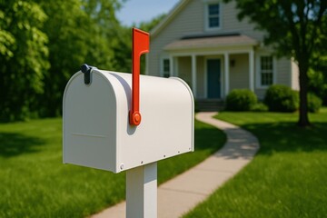 Rural delivery service. White mailbox with a red flag in front of a house on a sunny day.