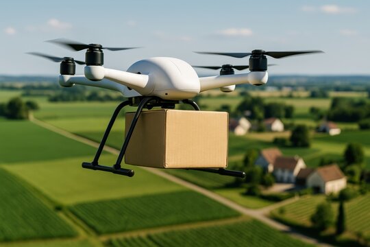 Rural delivery service. Drone delivering a package over a rural landscape with fields and houses in the background.
