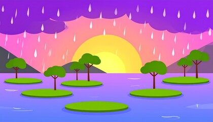 Colorful island landscape with rain at sunset.