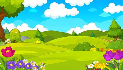 Fototapeta premium Colorful cartoon landscape of rolling hills and flowers.