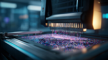 A DNA sequencing machine processing countless glowing strands of genetic code in a modern lab.