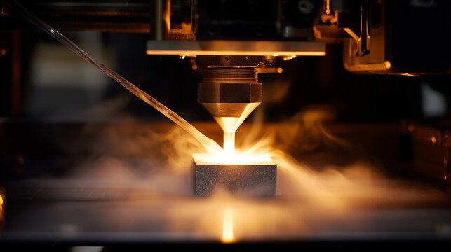 A selective laser sintering (SLS) 3D printer creating a complex metal part from powder.