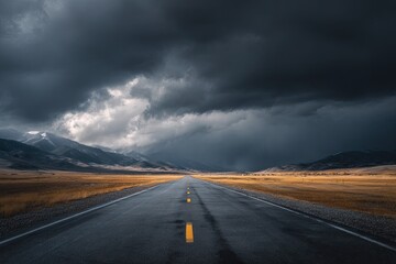 Naklejka premium Empty road stretches into a dramatic storm-cloud-filled sky over a vast, golden-toned landscape
