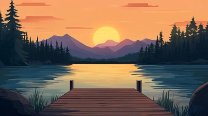 serene sunset over a tranquil lake with a wooden dock leading into the water, surrounded by majestic mountains and lush green forests