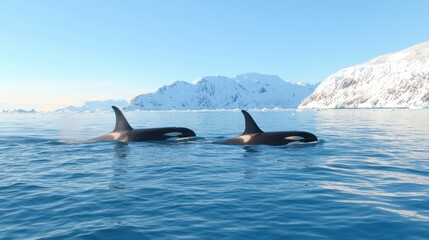 Fototapeta premium Orcas in antarctic waters majestic mountain backdrop.