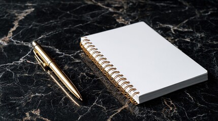 An elegant white notebook and a gold pen are placed on a black marble surface, showcasing luxurious office aesthetics and high-end workspace layout.