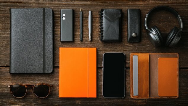 Flat lay of various personal accessories on a dark wooden surface.  Several leather goods, tech items, and a notebook are arranged in an organized manner