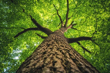 majestic view of a tall tree with sprawling branches and vibrant green leaves, seen from the ground up, symbolizing strength and natural beauty