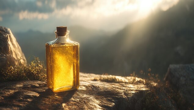 Golden elixir bottle on mountain peak
