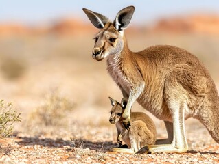 Fototapeta premium Red kangaroo mother protecting joey in australian outback.