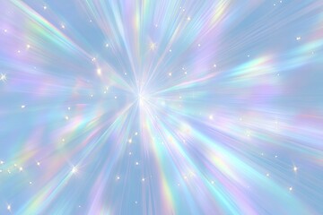 Light rays burst outward from a central point, radiating pastel colors, with glittering specks