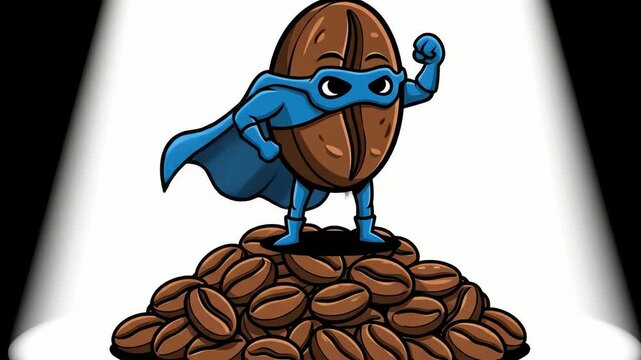 A coffee bean superhero stands atop a pile of coffee beans, showcasing strength and power.