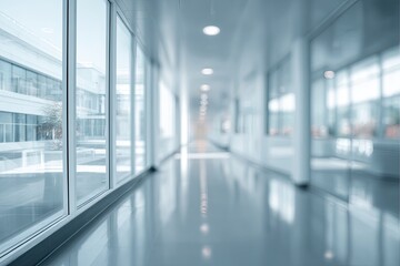 Fototapeta premium Blurry view of a long, sterile hallway with large windows