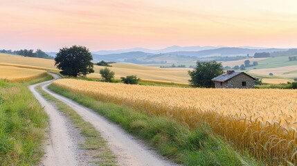 Obraz premium Serene countryside cottage at sunset.