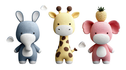 Naklejka premium Colorful plush animal toys featuring a blue elephant, yellow giraffe, and pink elephant with a pineapple
