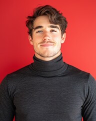Fototapeta premium Serene portrait of a young man against red background.
