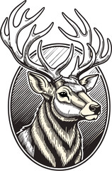 Stylized stag head vector graphic in black and white variations. A noble symbol of wildlife, hunting, and the forest wilderness.