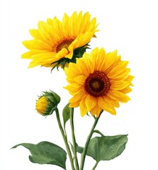 Three vibrant sunflowers and buds, detailed botanical illustration