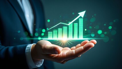 Planning and strategy, Stock market, Business growth, progress or success concept. Businessman or trader is showing a growing virtual hologram stock, invest in trading. Height return.
